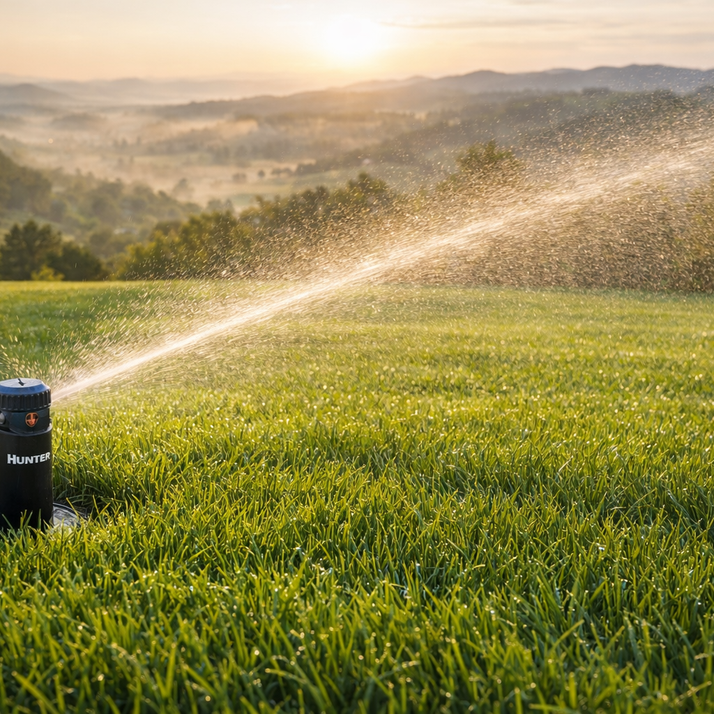 hunter sprinkler head watering a beautiful lawn with a sunset mountain scape.