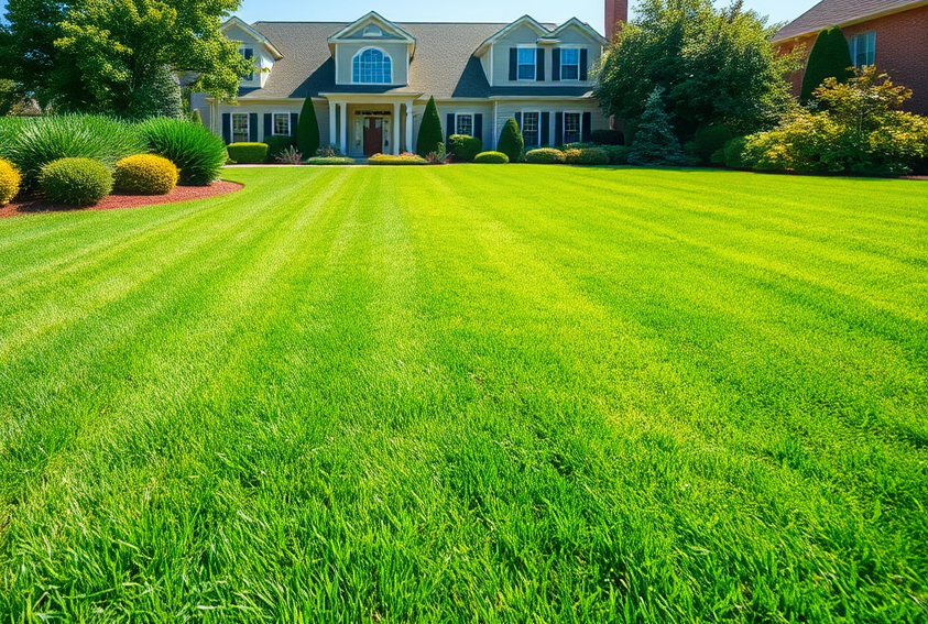Luxurious house front vibrant green lawn with a perfect cut pattern.